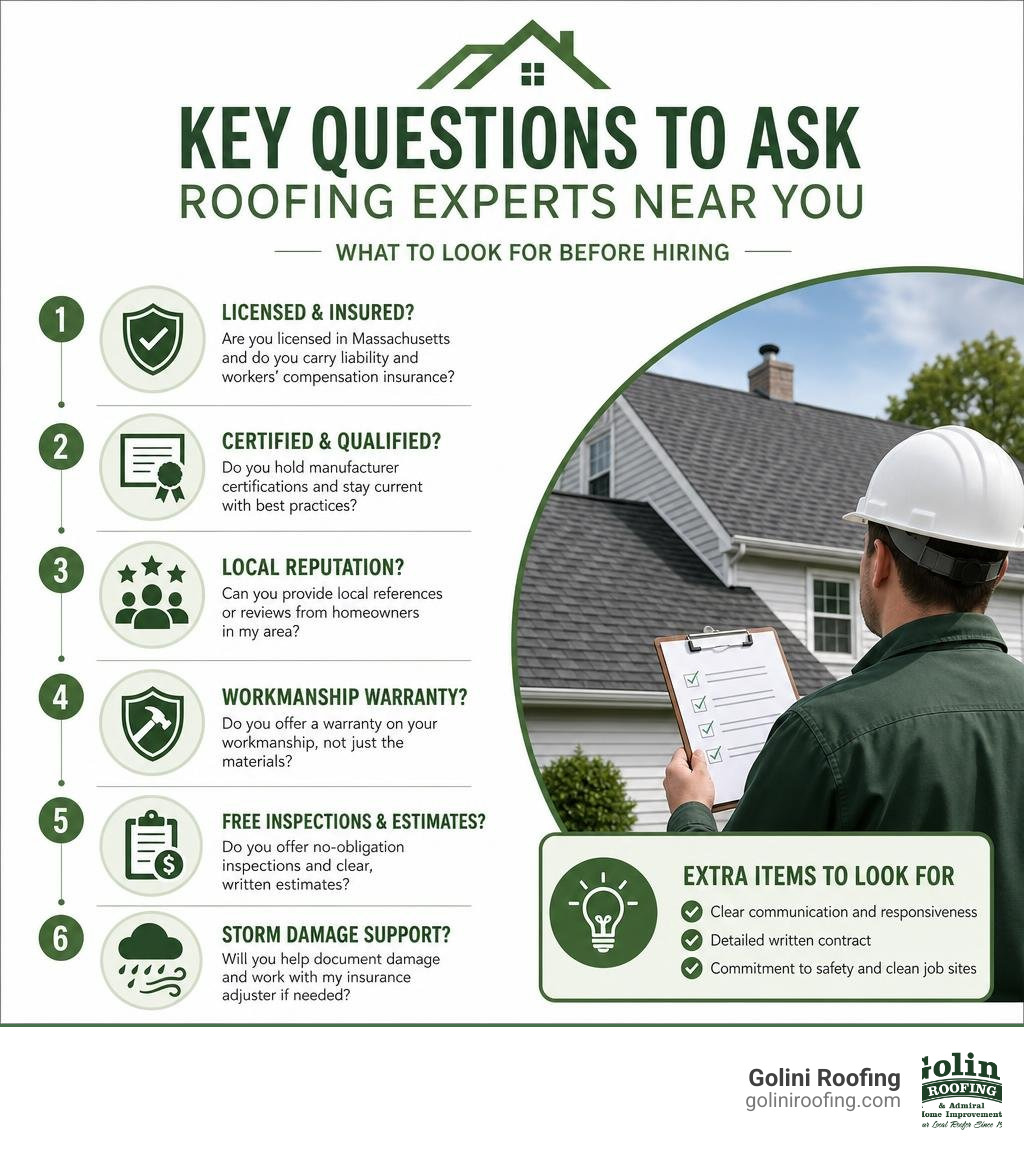 Key questions to ask roofing experts near you and what to look for before hiring infographic