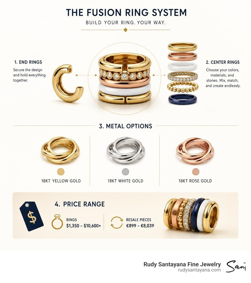 Infographic showing Georg Jensen Fusion interlocking ring system: end rings, center rings, metal options, and price range