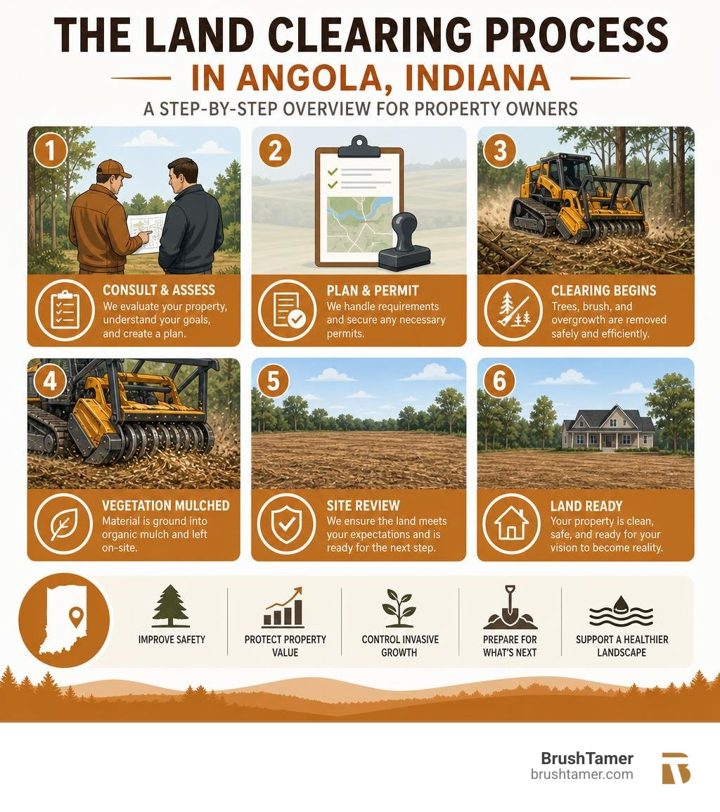 Step-by-step overview of the land clearing process in Angola Indiana for property owners infographic