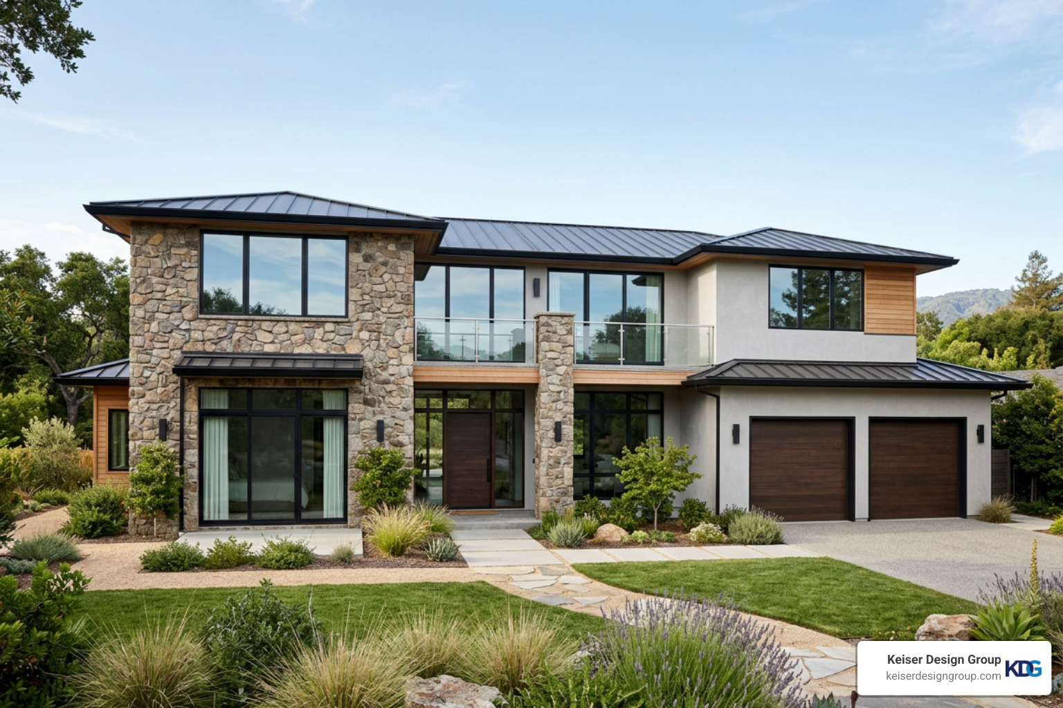 Cohesive custom home exterior blending traditional rustic stone with clean modern lines