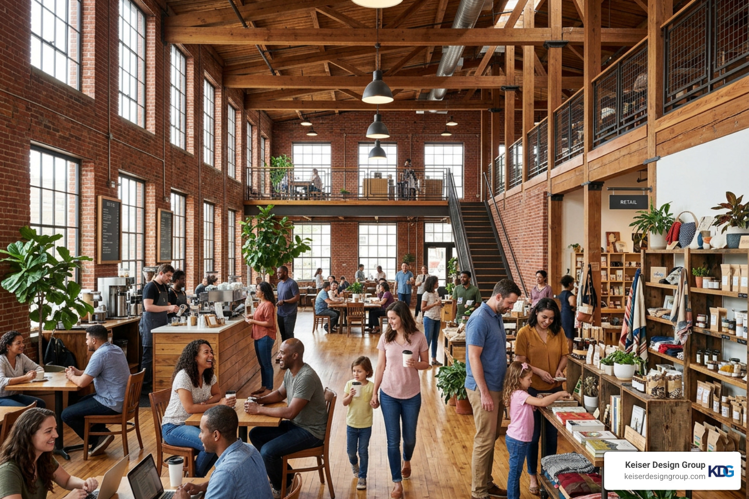 Vibrant mixed-use commercial space inside a repurposed industrial mill showing families and business owners Vibrant mixed-use commercial space inside a repurposed industrial mill showing families and business owners