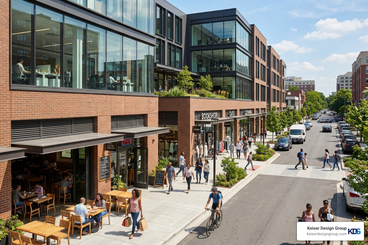 A vibrant mixed-use commercial development featuring ground floor retail and upper level offices A vibrant mixed-use commercial development featuring ground floor retail and upper level offices