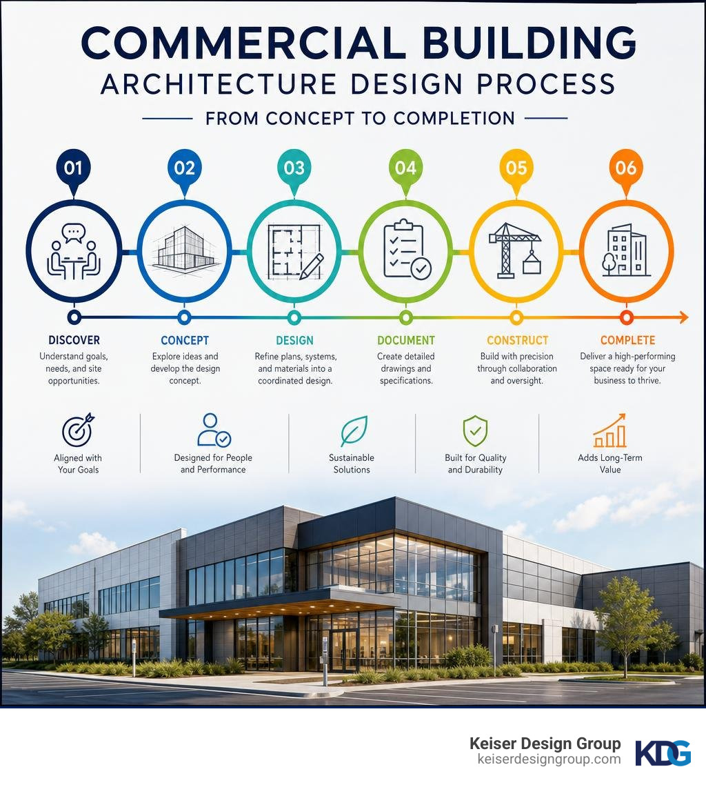 Overview infographic of the commercial building architecture design process from concept to completion infographic Overview infographic of the commercial building architecture design process from concept to completion infographic