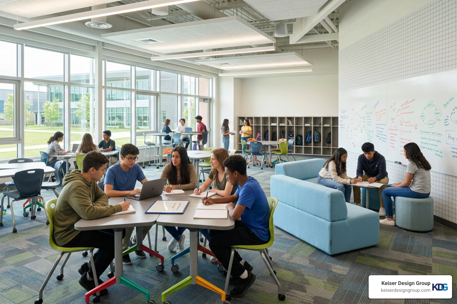 A spacious, flexible modern classroom layout with mobile furniture and collaborative zones A spacious, flexible modern classroom layout with mobile furniture and collaborative zones