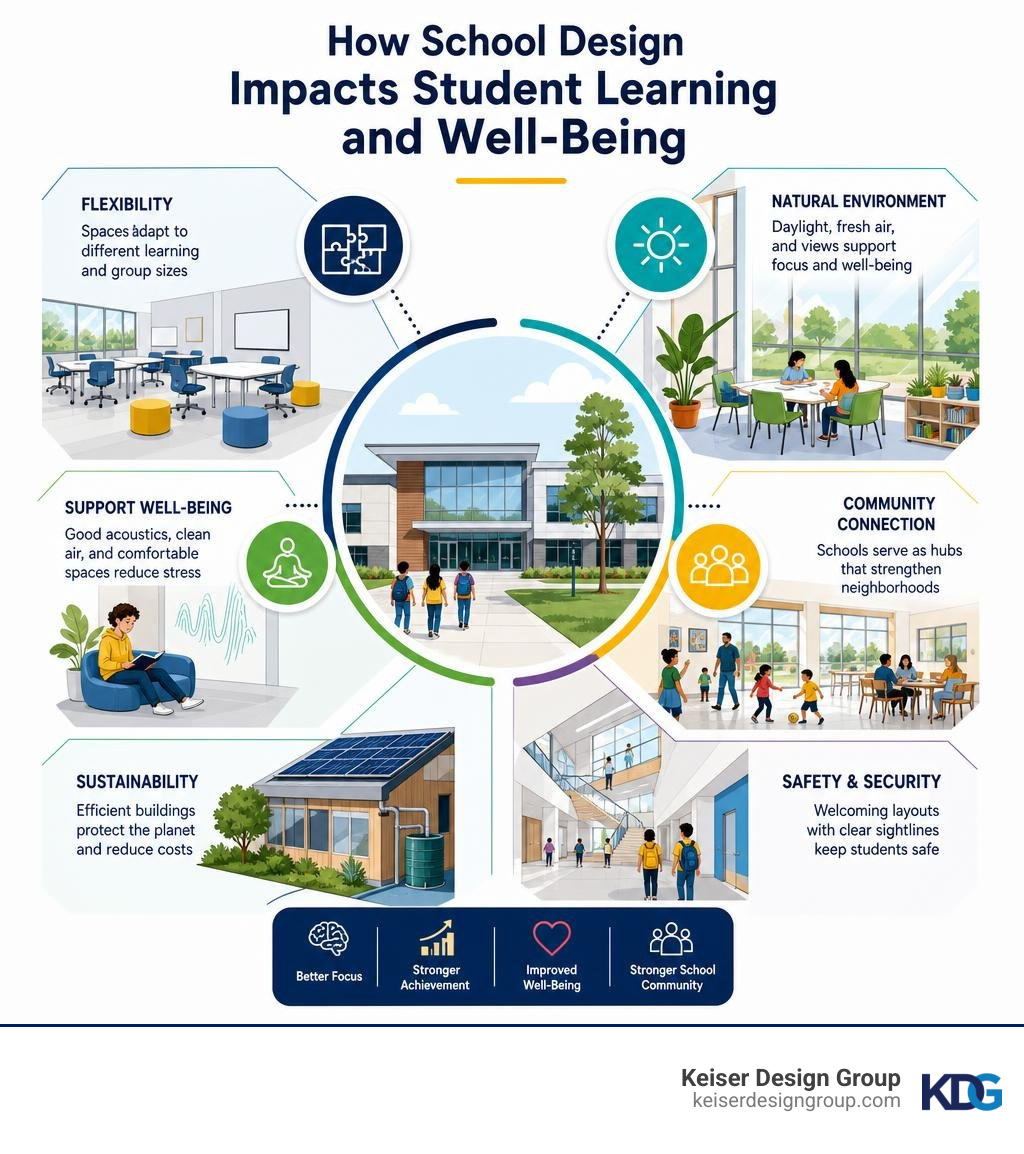 Infographic showing how school design elements impact student learning and well-being infographic Infographic showing how school design elements impact student learning and well-being infographic