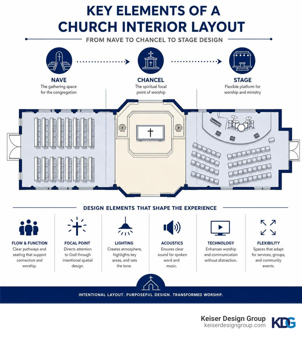 Key elements of a church interior layout from nave to chancel to stage design infographic