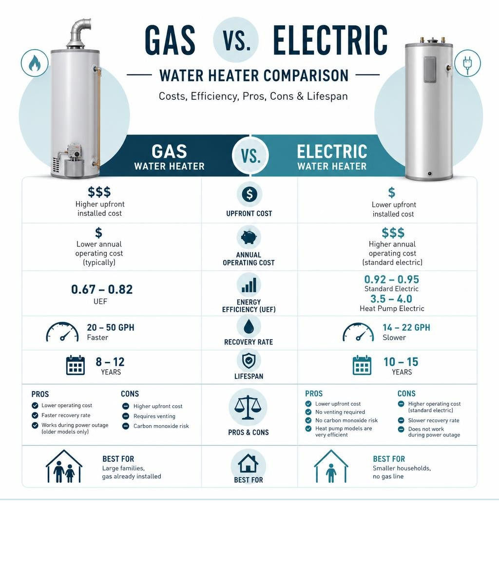 infographic comparing gas vs electric water heater pros cons efficiency and lifespan infographic