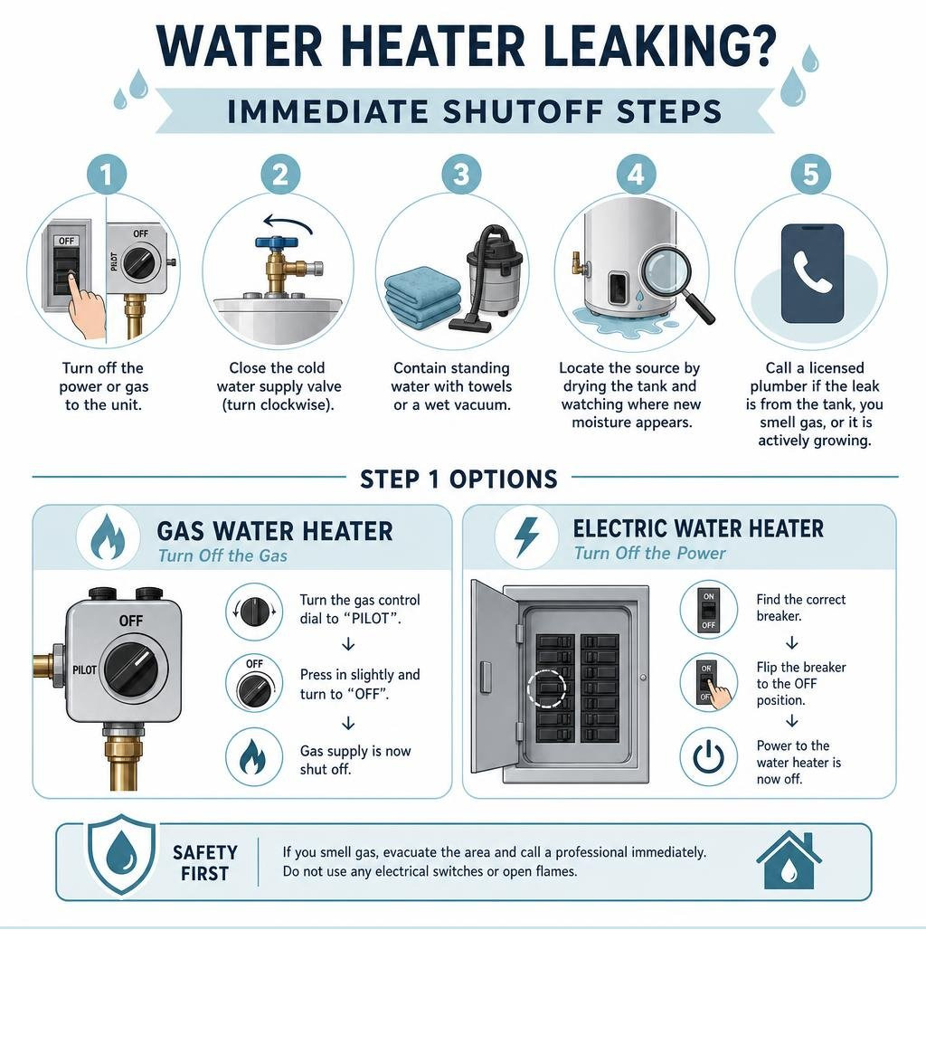 infographic showing immediate shutoff steps for a leaking water heater with gas and electric options infographic