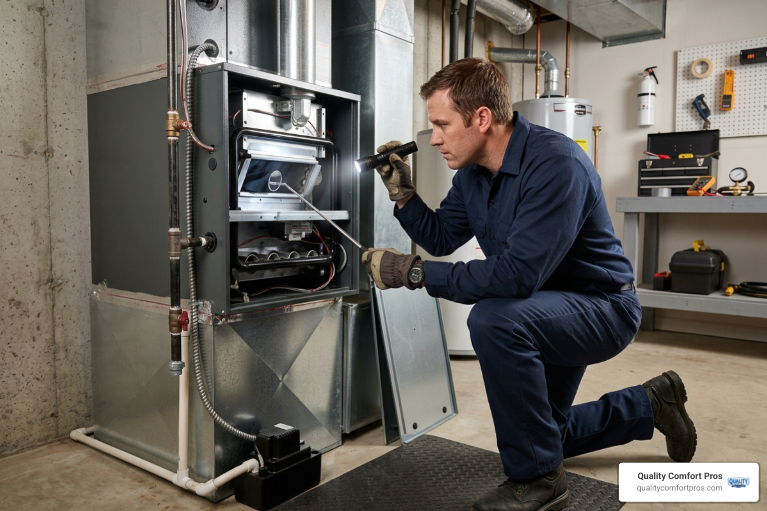 An HVAC technician inspecting a furnace heat exchanger for cracks to prevent carbon monoxide leaks An HVAC technician inspecting a furnace heat exchanger for cracks to prevent carbon monoxide leaks