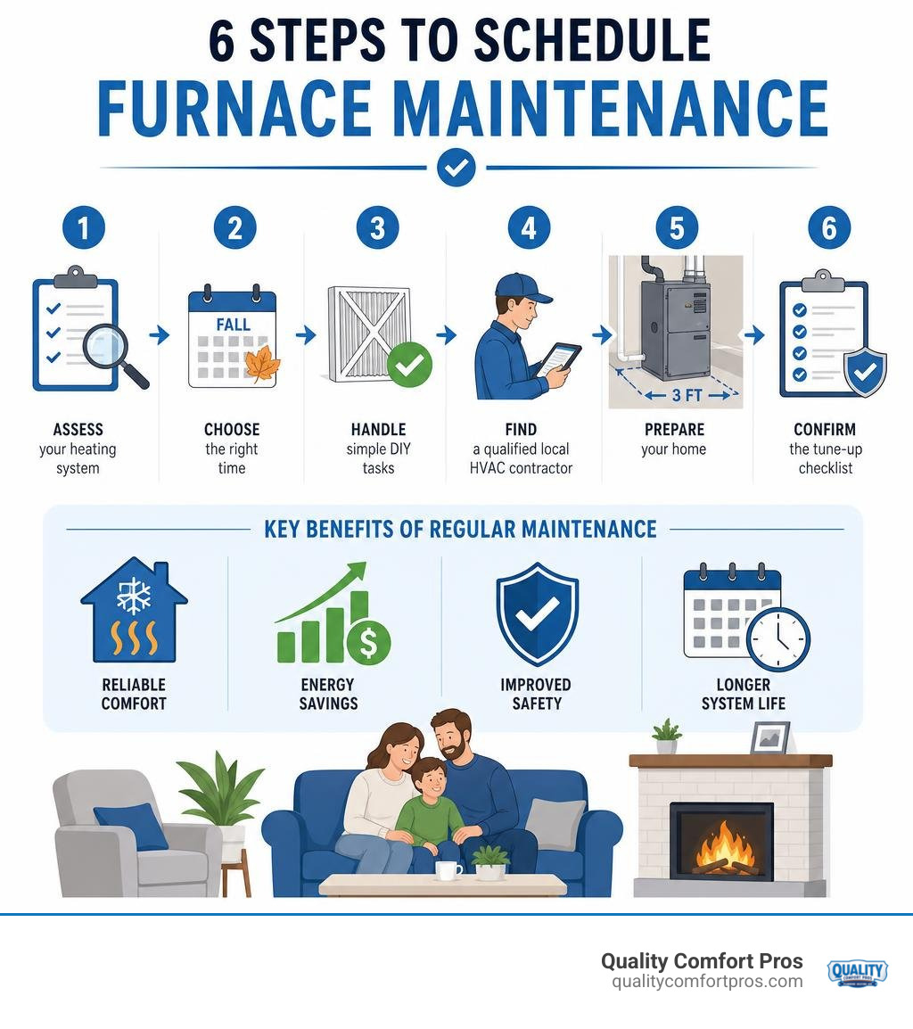 Infographic showing 6 steps to schedule furnace maintenance with key benefits like energy savings and safety infographic Infographic showing 6 steps to schedule furnace maintenance with key benefits like energy savings and safety infographic