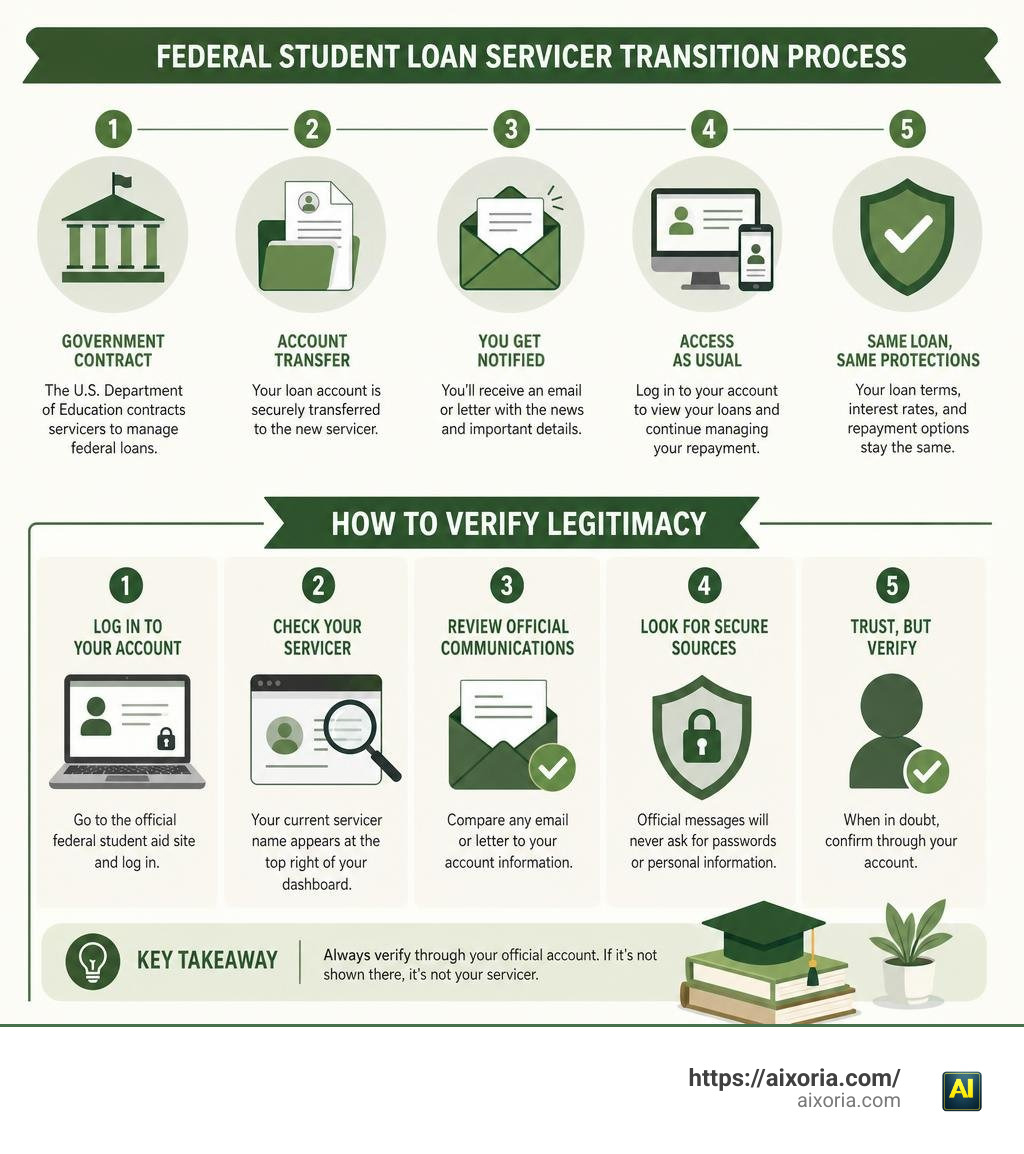Infographic showing the federal student loan servicer transition process and how to verify CRI legitimacy infographic