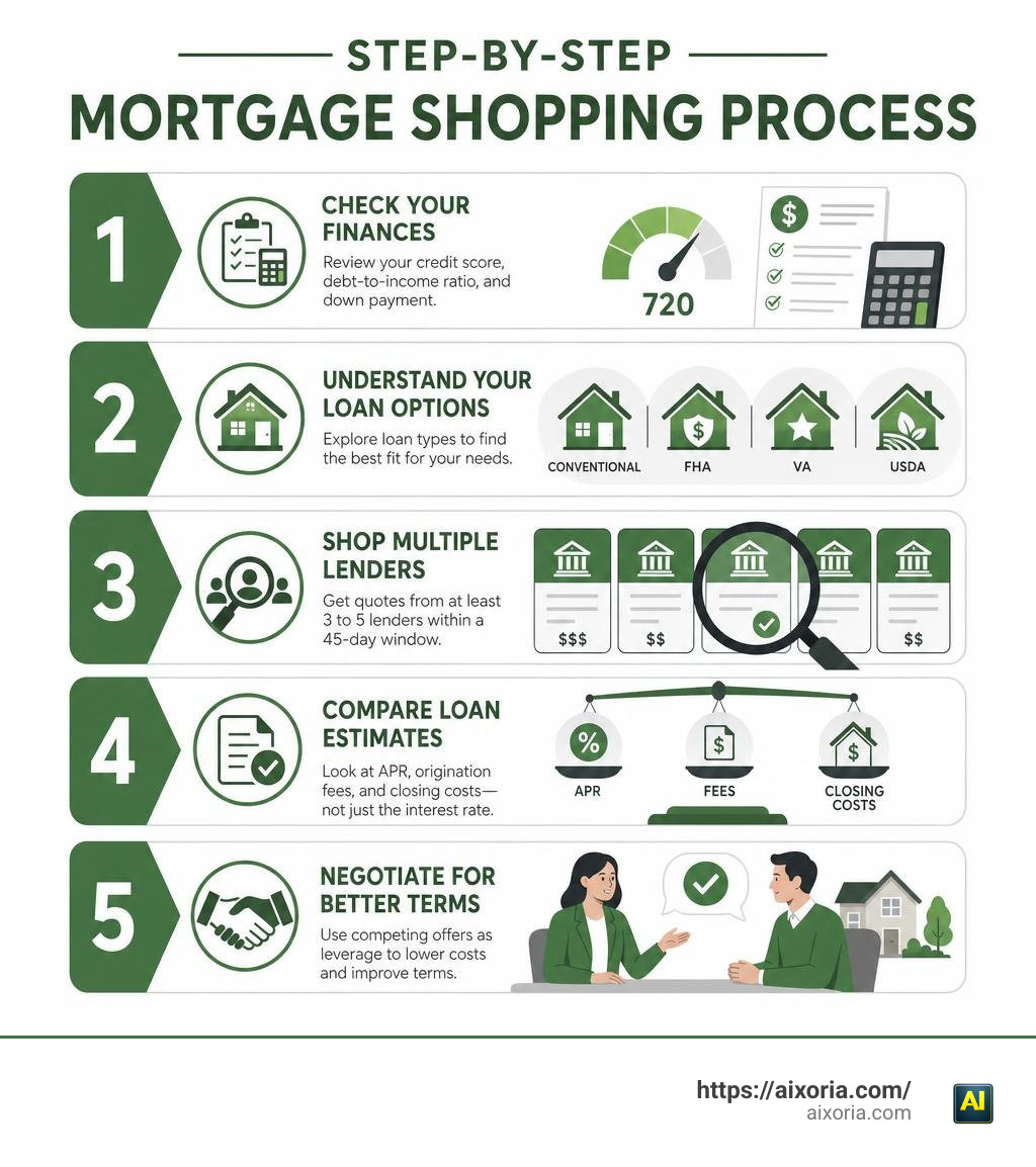 Step-by-step mortgage shopping process: finances, loan types, lender comparison, pre-approval, negotiation infographic