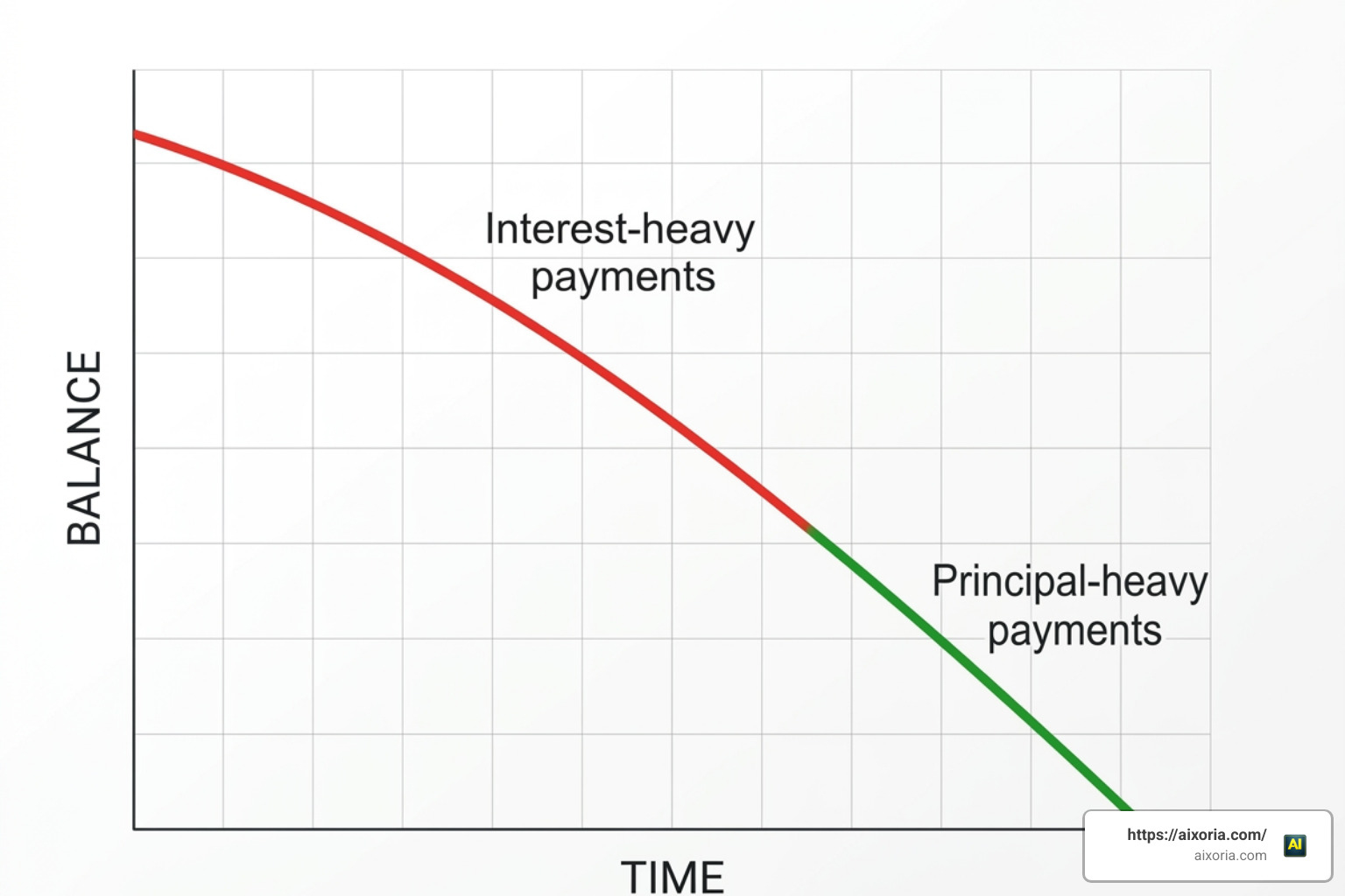 Amortization curve showing how payments shift from interest-heavy to principal-heavy over time