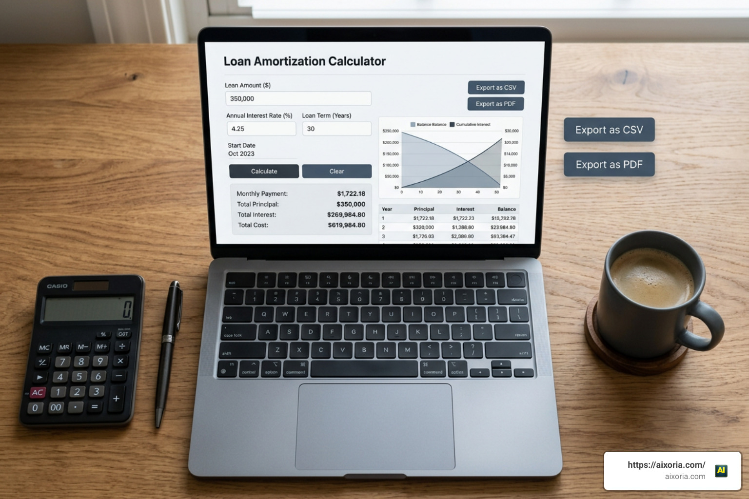 User interface of a modern financial calculator showing loan inputs and export options