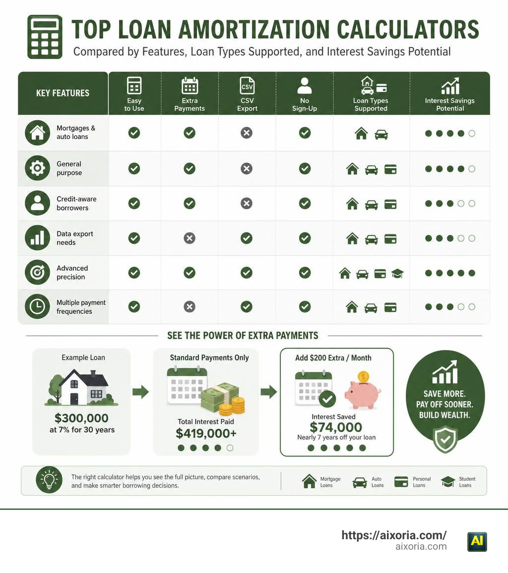 Top loan amortization calculators compared by features, loan types supported, and interest savings potential infographic