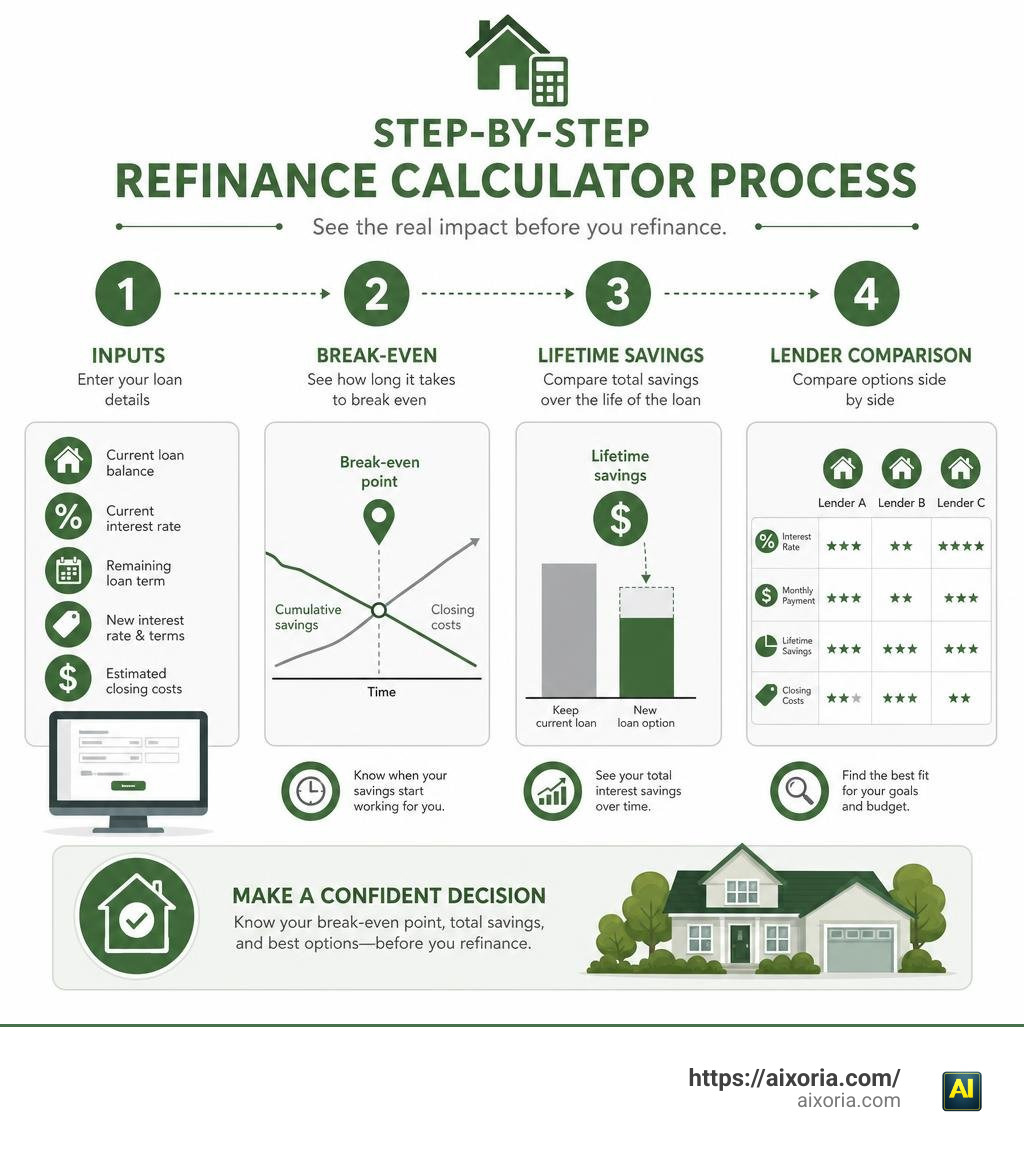Step-by-step refinance calculator process: inputs, break-even, lifetime savings, lender comparison infographic