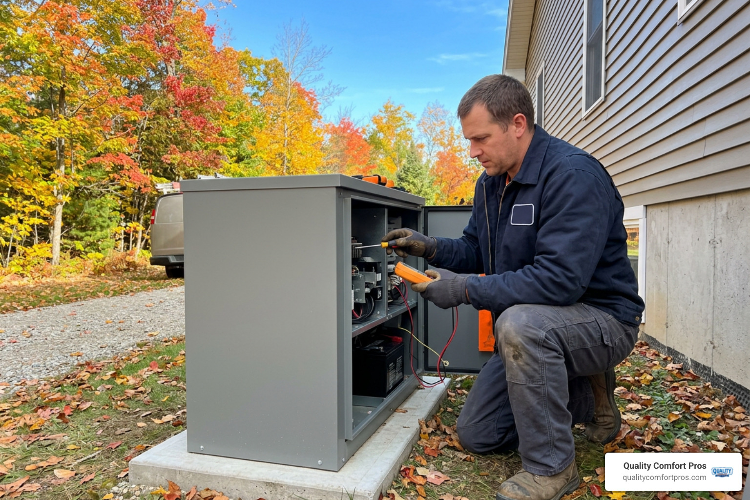 technician servicing a residential home standby generator