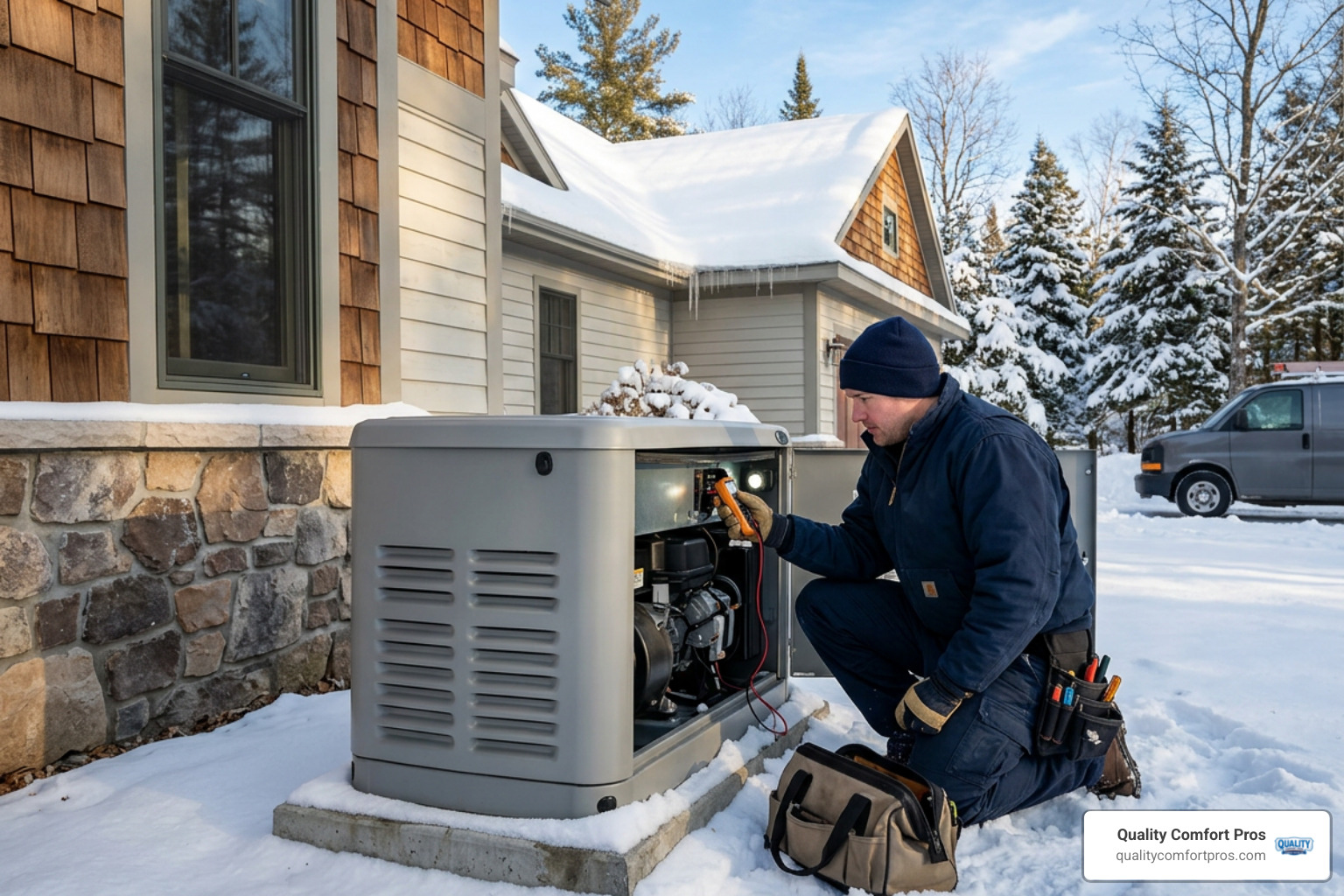 technician servicing a residential home standby generator outside a Northern Michigan home