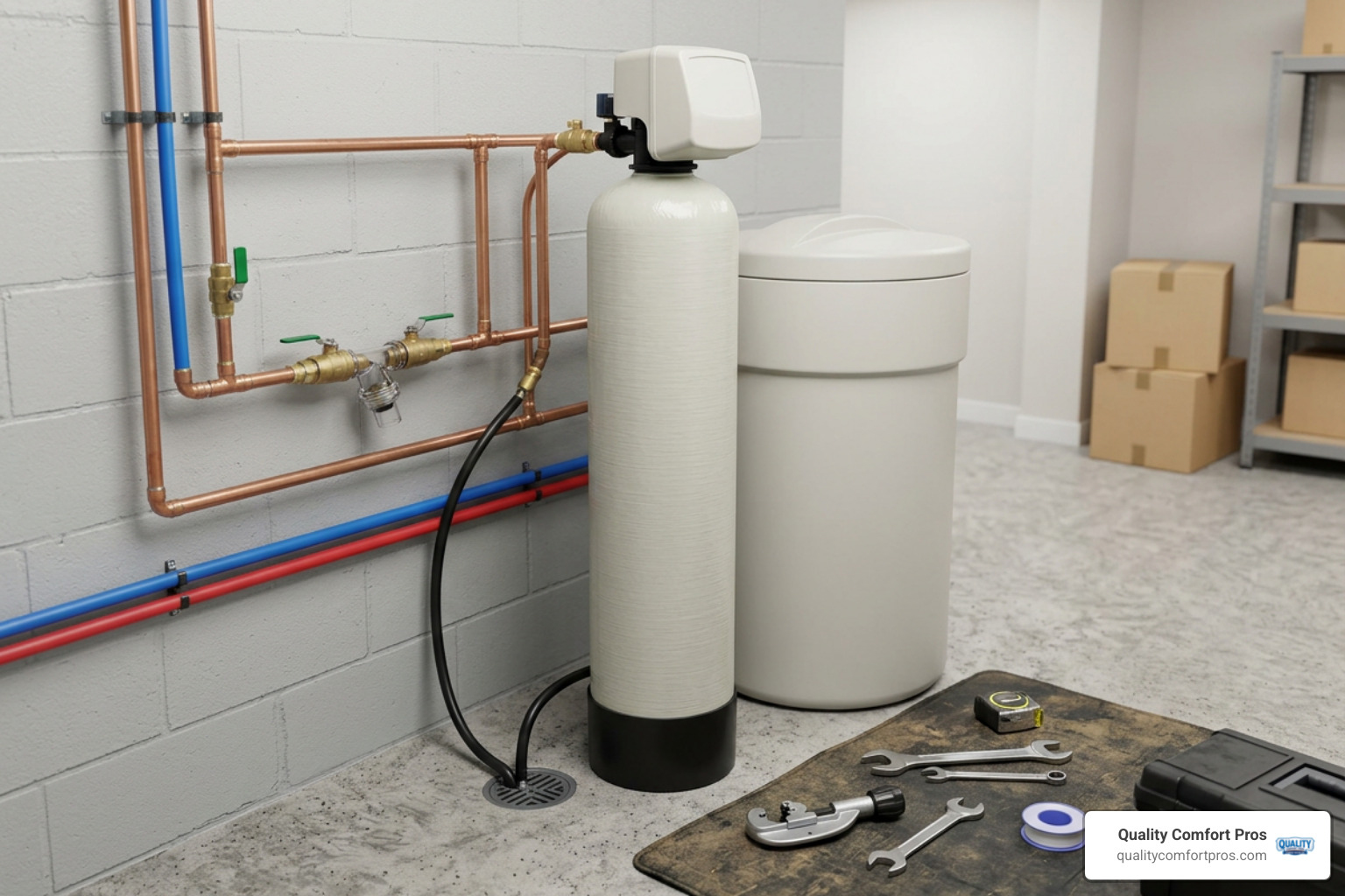 water softener installation setup in a home utility room water softener installation setup in a home utility room