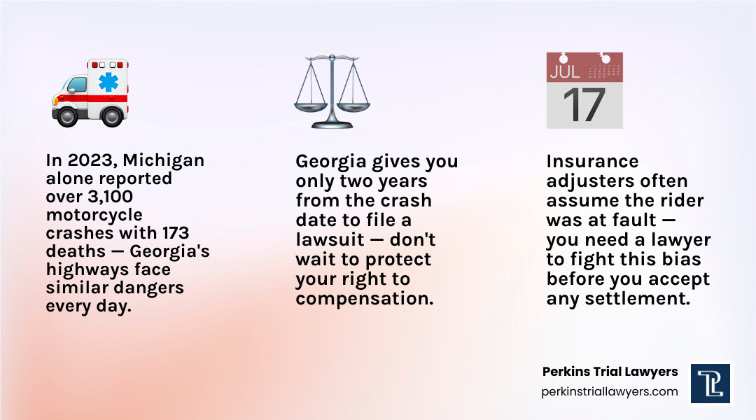 Steps to take immediately after a motorcycle crash in Atlanta, Georgia infographic Steps to take immediately after a motorcycle crash in Atlanta, Georgia infographic