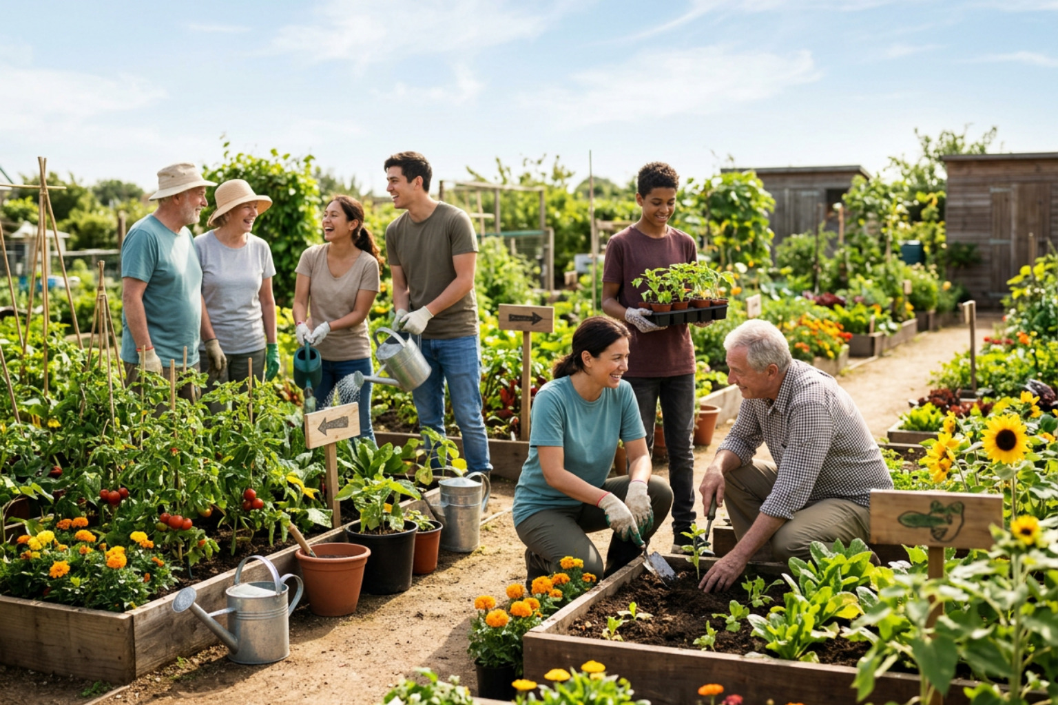 Diverse group of neighbors collaborating in a vibrant California community garden