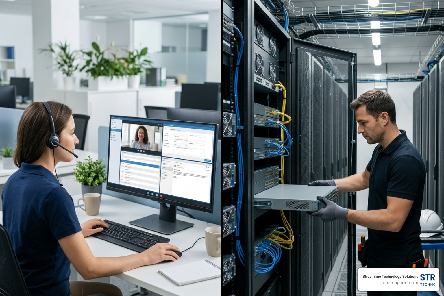 Remote helpdesk vs onsite technician performing physical troubleshooting