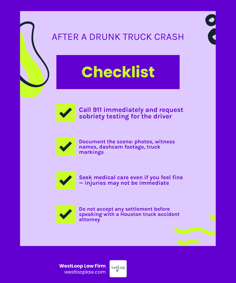 Immediate steps to take after an 18 wheeler drunk driver crash in Houston infographic Immediate steps to take after an 18 wheeler drunk driver crash in Houston infographic