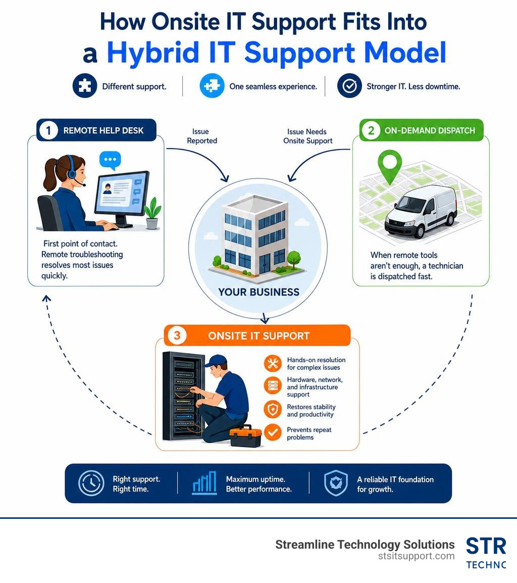 How onsite IT support fits into a hybrid IT support model with remote help desk and on-demand dispatch infographic