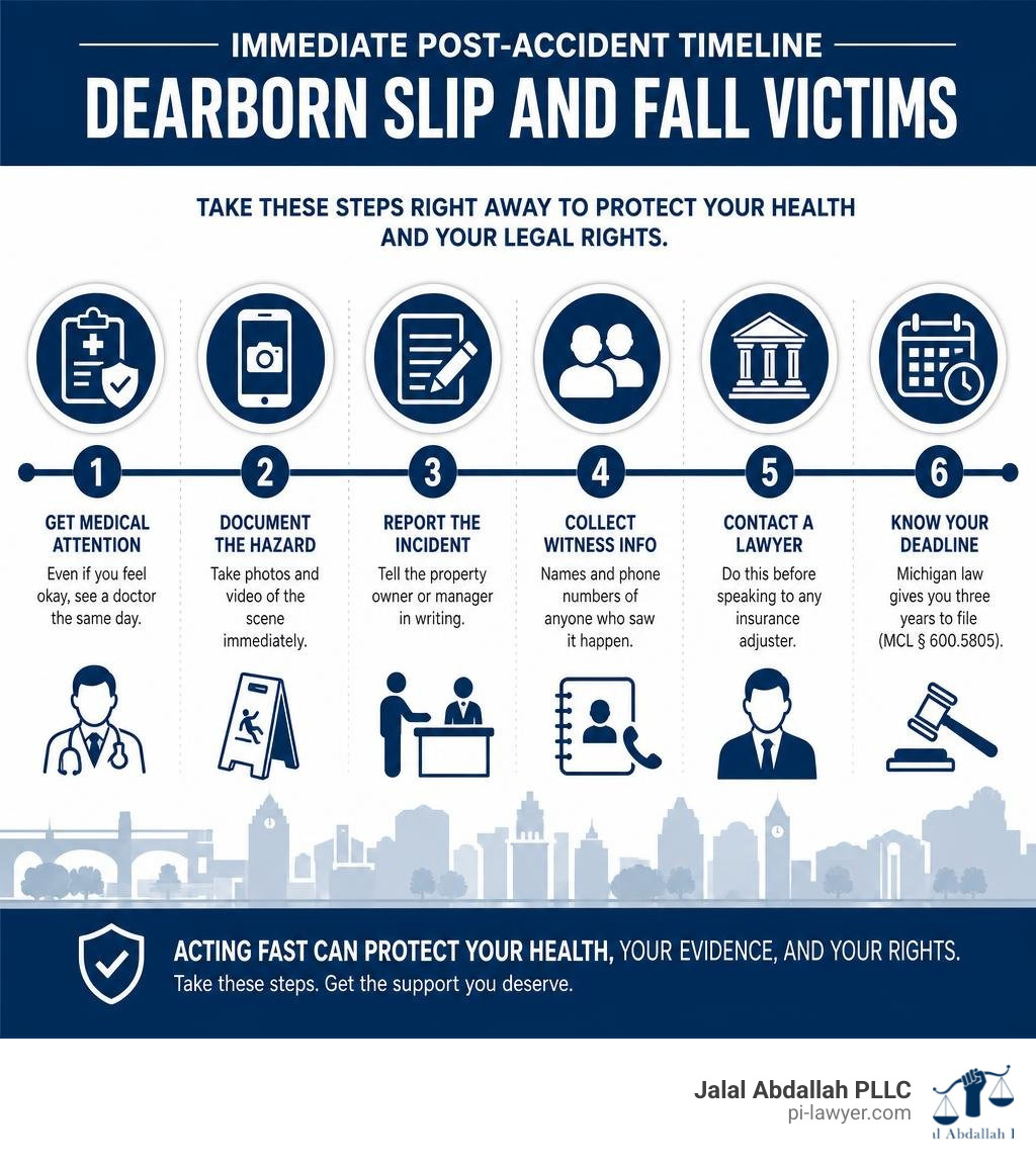 Immediate post-accident timeline infographic for Dearborn slip and fall victims infographic Immediate post-accident timeline infographic for Dearborn slip and fall victims infographic