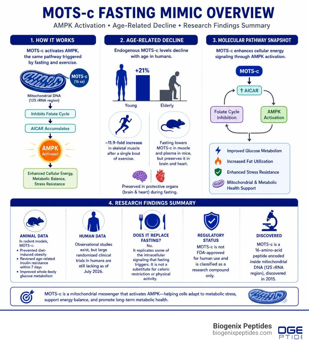MOTS-c fasting mimic overview: AMPK activation, age-related decline, and research findings summary infographic