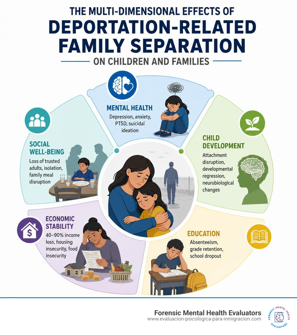 Infographic showing multi-dimensional effects of deportation-related family separation on children and families infographic Infographic showing multi-dimensional effects of deportation-related family separation on children and families infographic