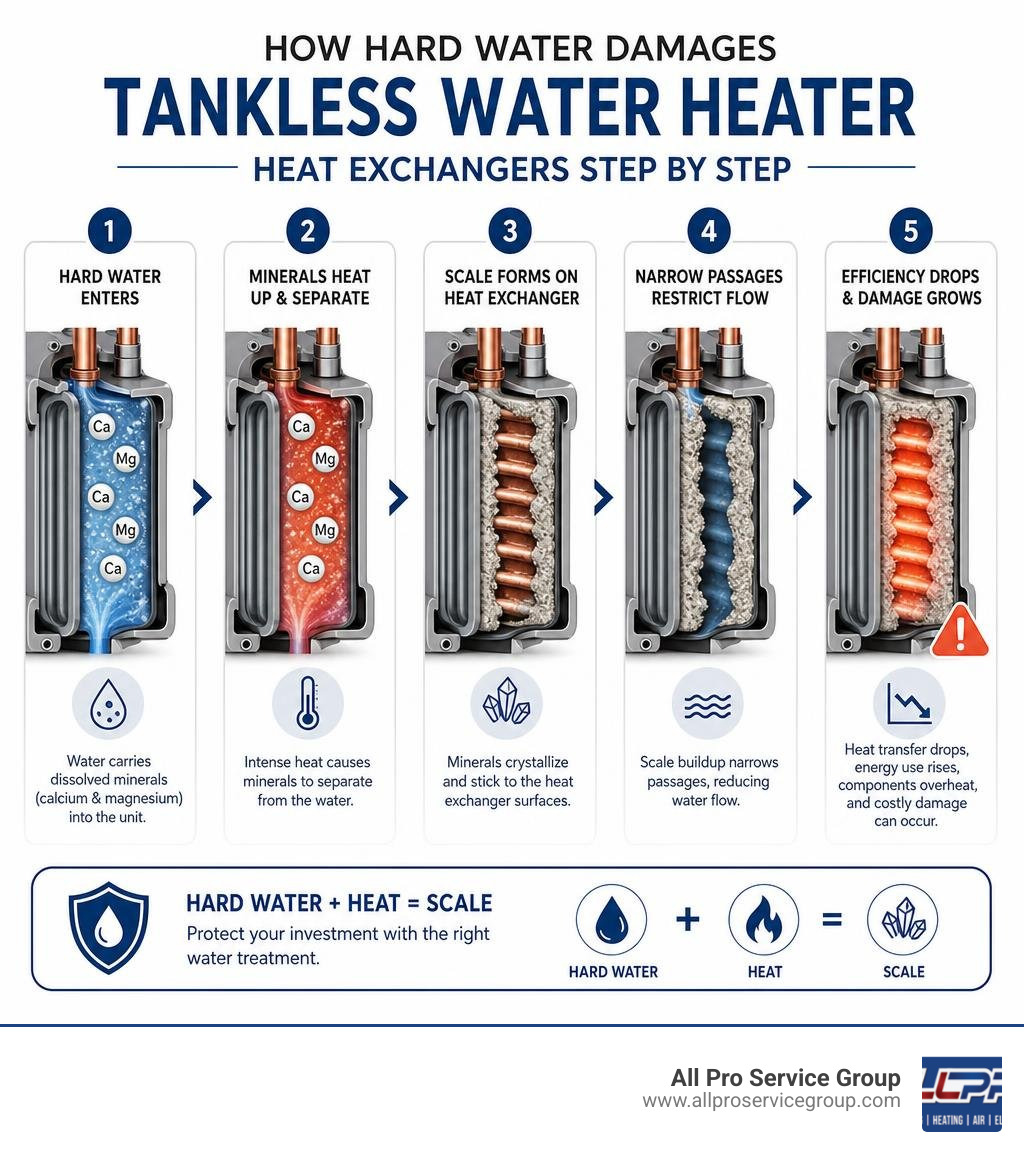 How hard water damages tankless water heater heat exchangers step by step infographic How hard water damages tankless water heater heat exchangers step by step infographic