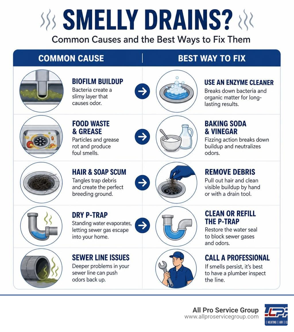 infographic showing common causes of smelly drains and the best methods to fix each one infographic