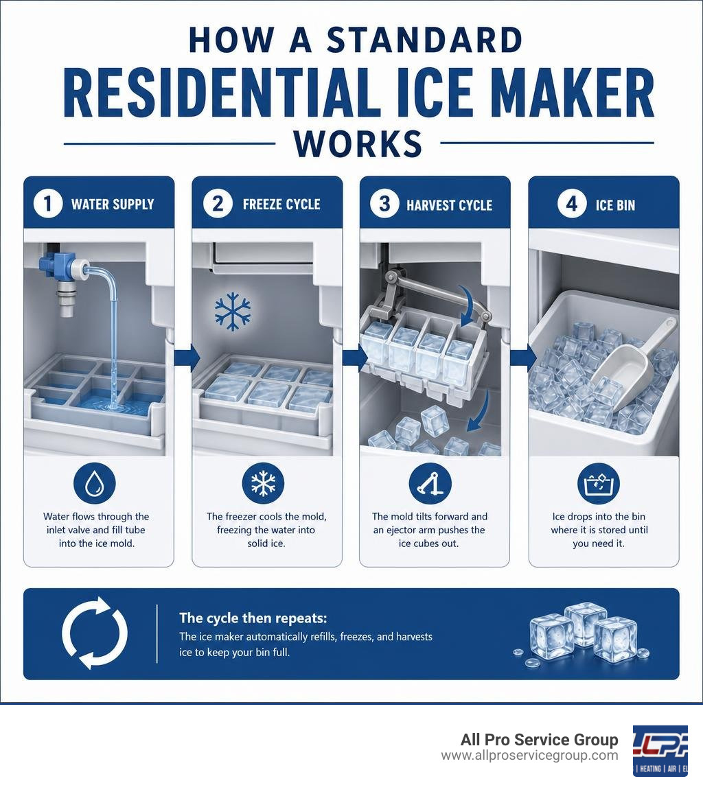 how a standard residential ice maker works — water supply, freeze cycle, harvest cycle, and ice bin infographic how a standard residential ice maker works — water supply, freeze cycle, harvest cycle, and ice bin infographic
