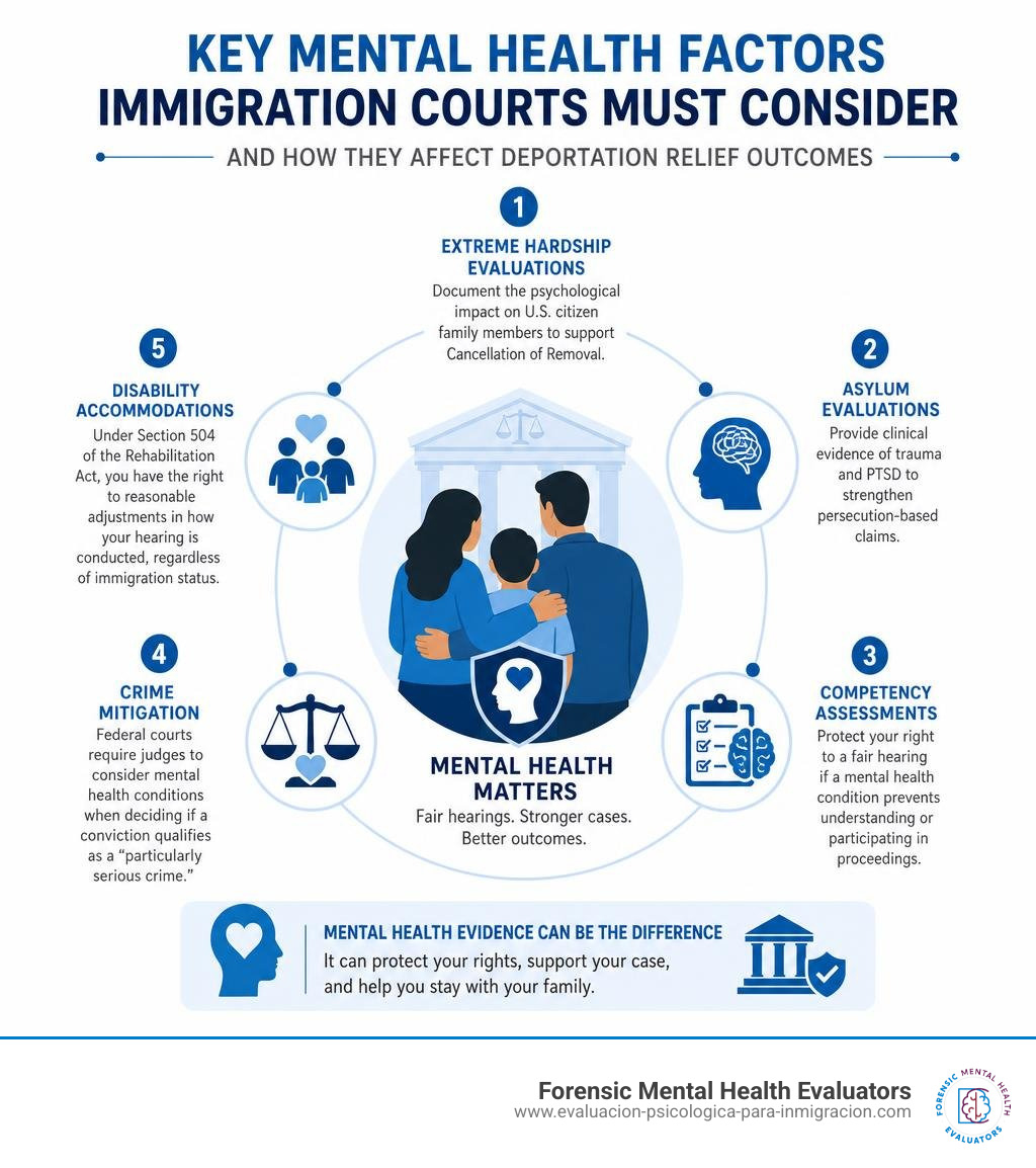 Key mental health factors immigration courts must consider and how they affect deportation relief outcomes infographic Key mental health factors immigration courts must consider and how they affect deportation relief outcomes infographic