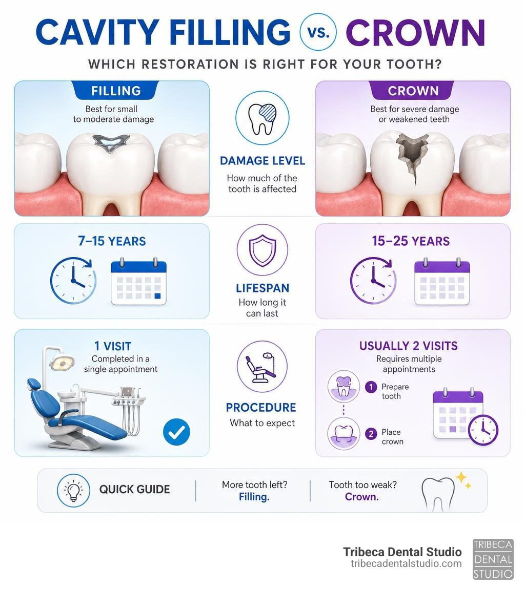 Infographic showing cavity filling vs crown comparison by damage level, lifespan, and procedure infographic