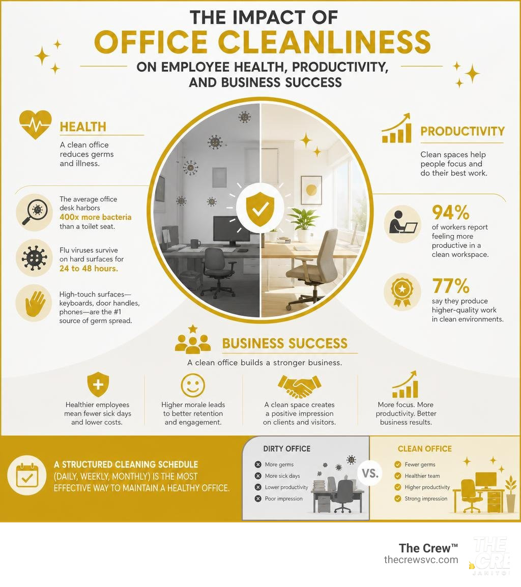 Impact of office cleanliness on employee health, productivity, and business success infographic Impact of office cleanliness on employee health, productivity, and business success infographic