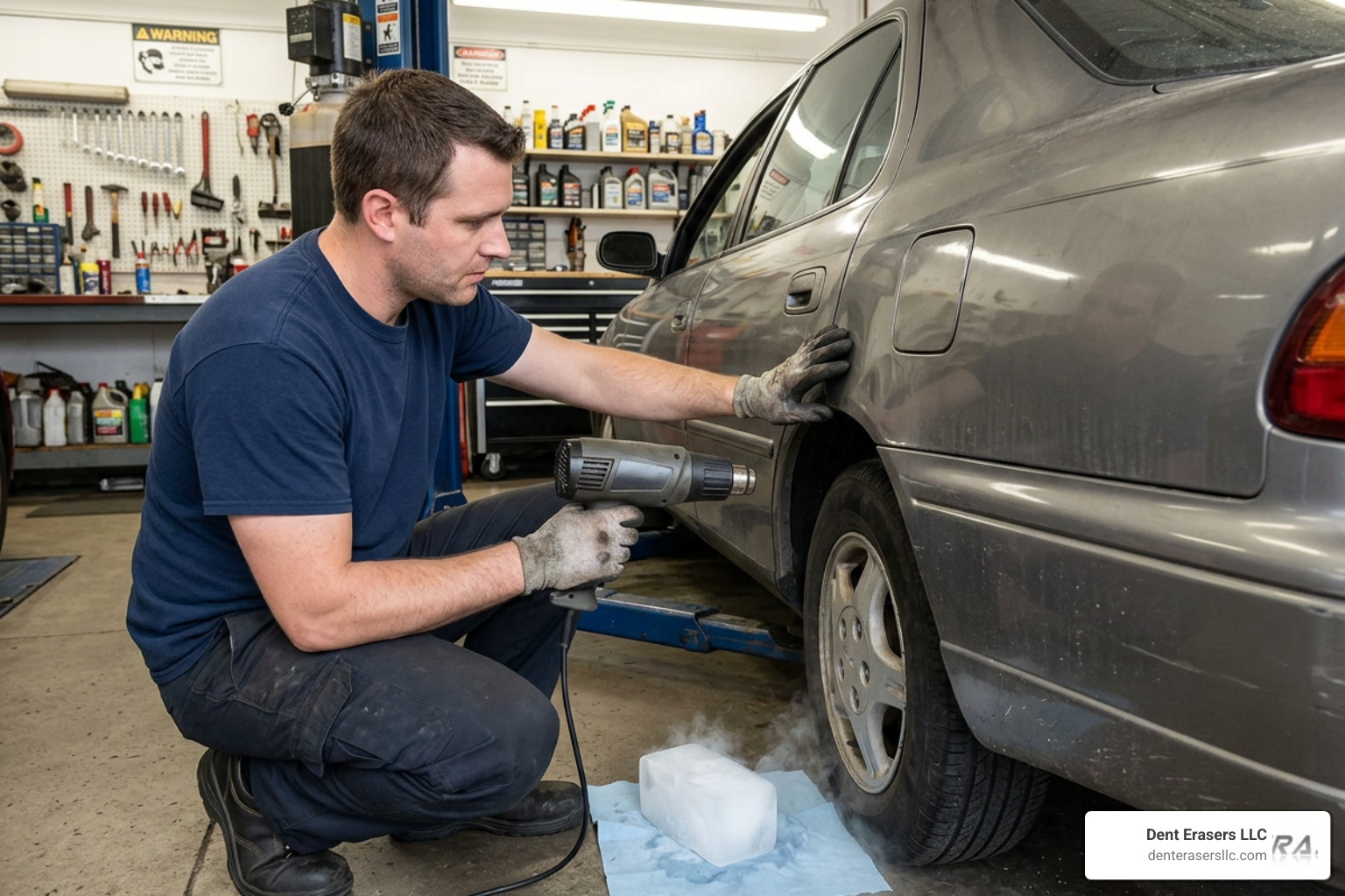Using a hair dryer to heat a dented car panel before applying dry ice Using A Hair Dryer To Heat A Dented Car Panel Before Applying Dry Ice