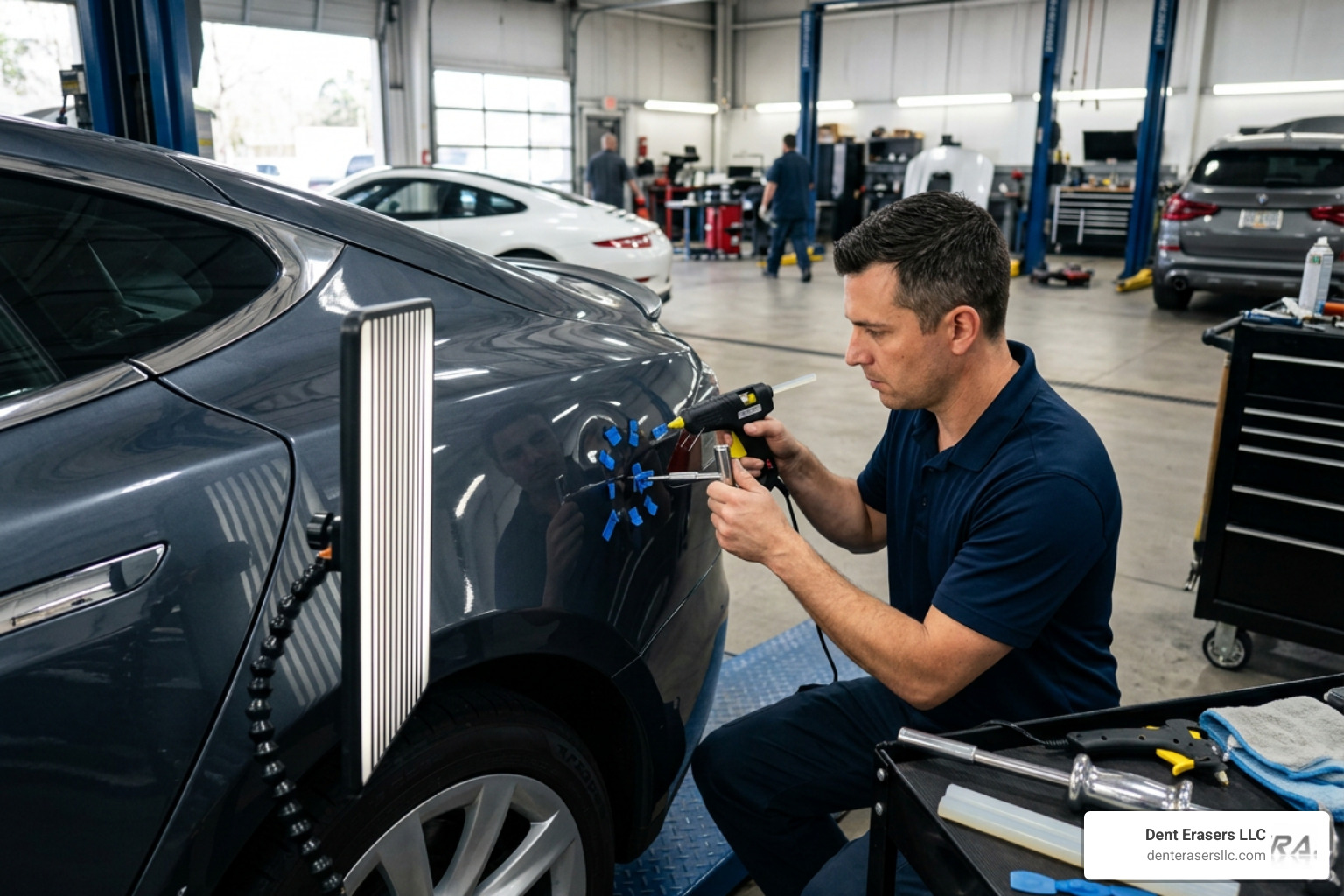 A PDR technician using a precision reflection board and specialized glue-pulling tools on a luxury vehicle's quarter panel A Pdr Technician Using A Precision Reflection Board And Specialized Glue-Pulling Tools On A Luxury Vehicle's Quarter Panel