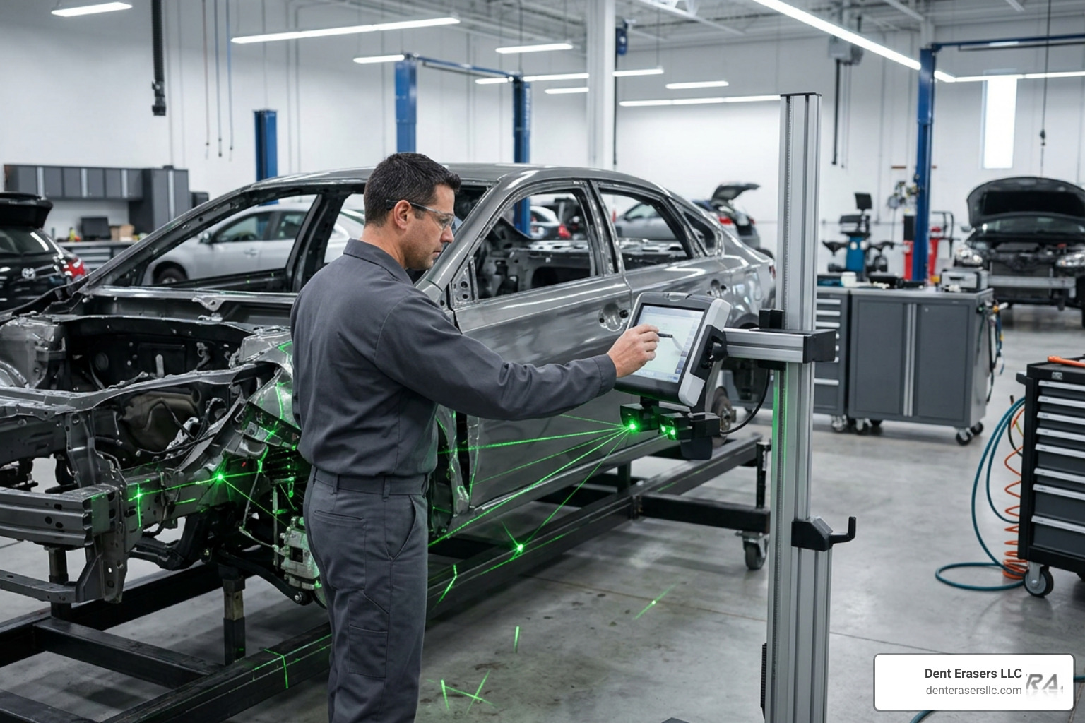 Technician inspecting a vehicle frame with a laser-measurement system Technician Inspecting A Vehicle Frame With A Laser-Measurement System
