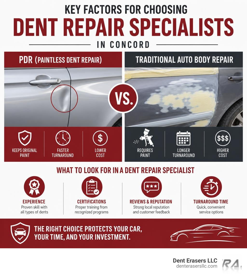 Key factors for choosing dent repair specialists in Concord: PDR vs traditional, cost, turnaround, certifications infographic Key Factors For Choosing Dent Repair Specialists In Concord: Pdr Vs Traditional, Cost, Turnaround, Certifications Infographic