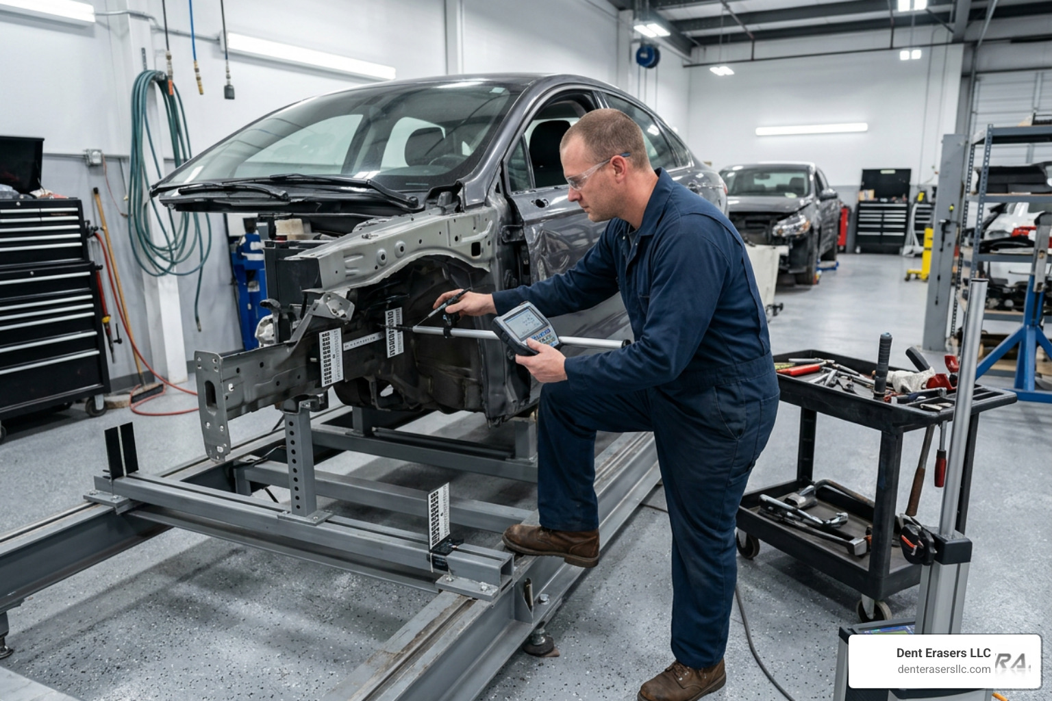 Technician inspecting car frame structural alignment after a collision Technician Inspecting Car Frame Structural Alignment After A Collision