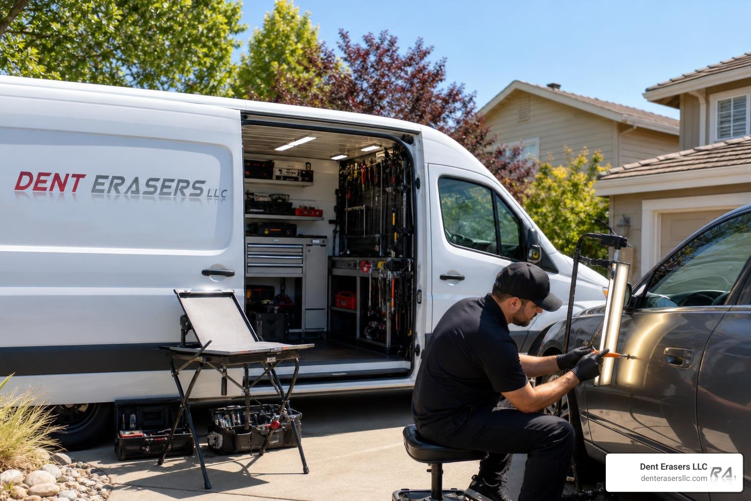 Our fully equipped mobile dent repair van parked in a Concord driveway, ready to perform a clean, on-site repair Our Fully Equipped Mobile Dent Repair Van Parked In A Concord Driveway, Ready To Perform A Clean, On-Site Repair
