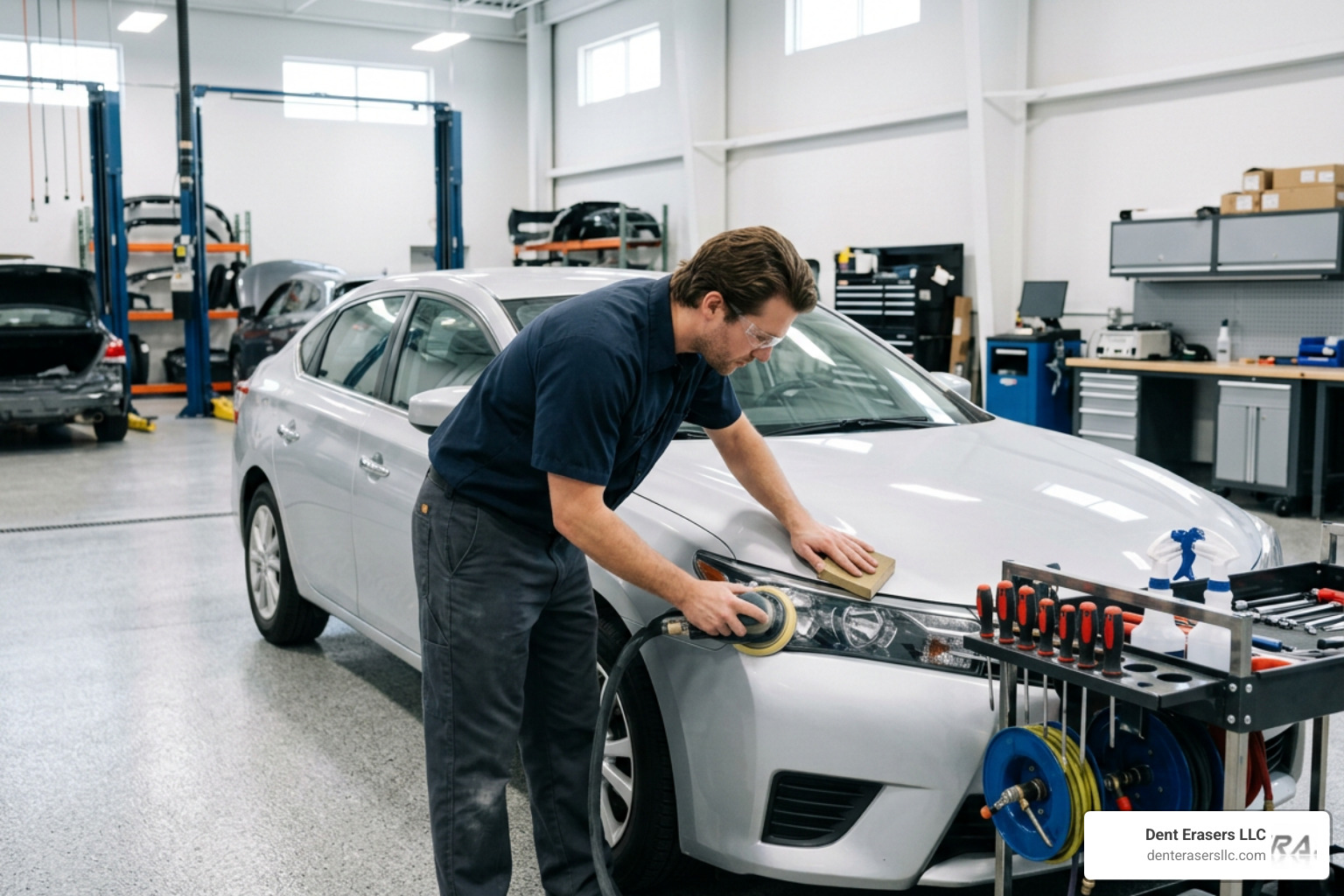 certified technician working on a vehicle in a modern auto body shop Certified Technician Working On A Vehicle In A Modern Auto Body Shop