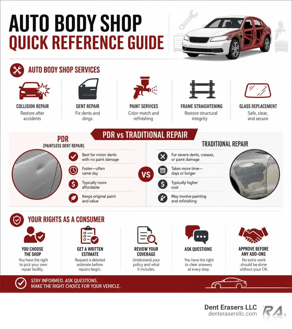 Quick reference infographic: auto body shop services, PDR vs traditional repair, and consumer rights overview infographic Quick Reference Infographic: Auto Body Shop Services, Pdr Vs Traditional Repair, And Consumer Rights Overview Infographic