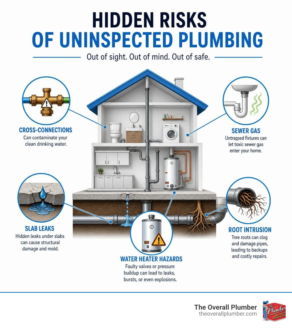 Hidden risks of uninspected plumbing: cross-connections, sewer gas, slab leaks, water heater hazards, root intrusion Hidden risks of uninspected plumbing: cross-connections, sewer gas, slab leaks, water heater hazards, root intrusion