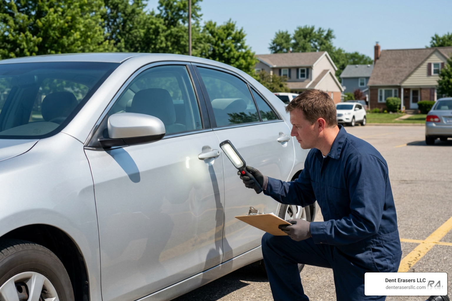 Technician providing a precise dent repair estimate on-site Technician Providing A Precise Dent Repair Estimate On-Site