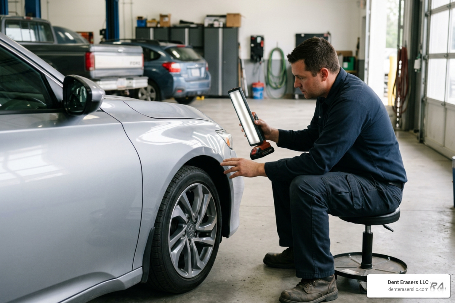technician using specialized lighting to inspect a car panel Technician Using Specialized Lighting To Inspect A Car Panel