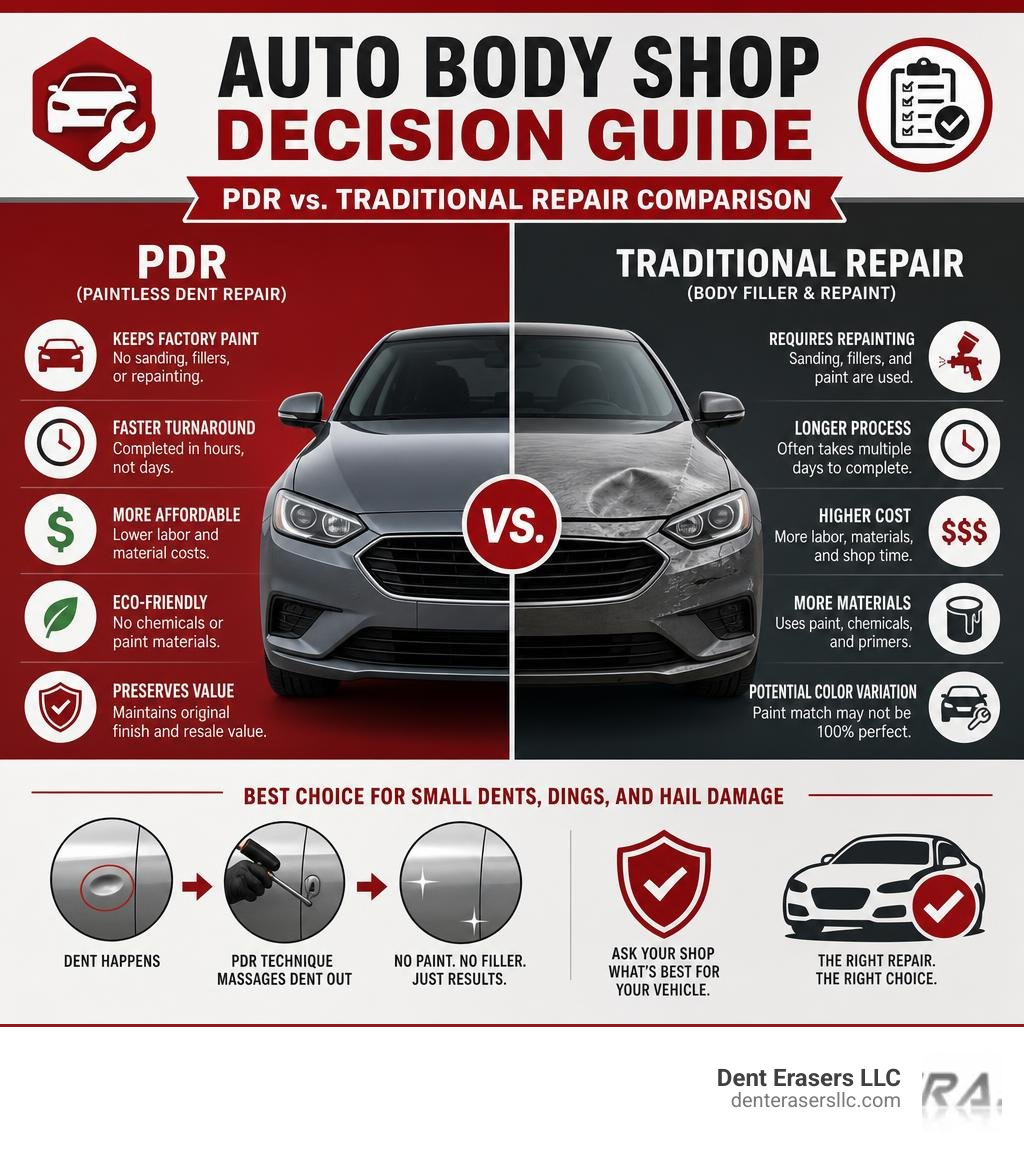 auto body shop decision guide: PDR vs. traditional repair comparison infographic infographic Auto Body Shop Decision Guide: Pdr Vs. Traditional Repair Comparison Infographic Infographic