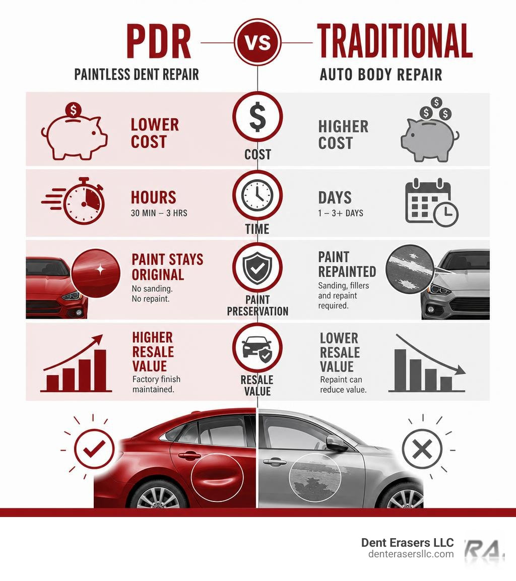 PDR vs traditional auto body repair: key differences in cost, time, paint preservation, and resale value infographic Pdr Vs Traditional Auto Body Repair: Key Differences In Cost, Time, Paint Preservation, And Resale Value Infographic